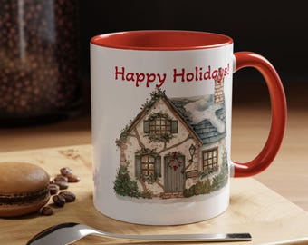 魅力的なホリデーコーヒーマグ。心地よい冬の装飾。クリスマスに最適なギフト。ユニークなキッチン用品。お祝いのドリンクカップ。季節のドリンクウェア。