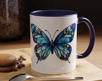 Taza de café con diseño de mariposa de vitral, diseño de mariposa colorida, regalo para amantes de la naturaleza, decoración del hogar, taza de café floral, utensilios de cocina vibrantes