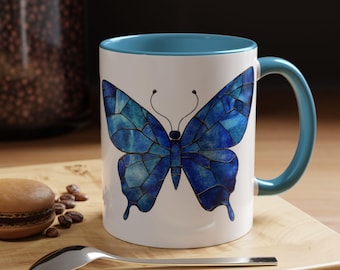 Taza de café con detalles de mariposa azul, artículos únicos para beber, regalo artístico, taza para amantes de la naturaleza, decoración de mariposas, taza ecológica para bebidas