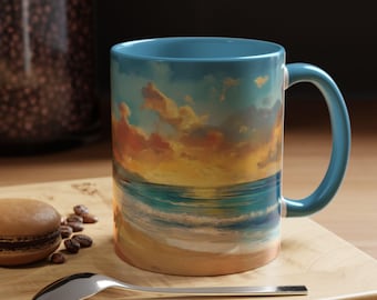 Taza de café con acento de playa al atardecer, ambiente relajante para amantes de la playa, regalo para entusiastas del café, recuerdo de vacaciones, decoración para el hogar y la oficina.
