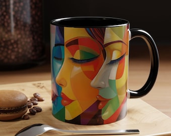 Artistic Colorful Womens Faces Coffee Mug Vibrant Tea Cup Unique Gift for Art Lovers Modern Decor Celebration Cup Cubist