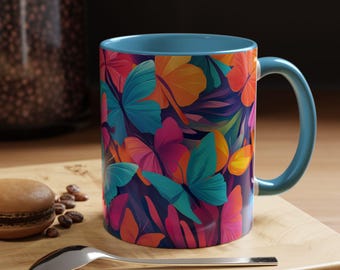 Taza de café con acento de jardín de mariposas, taza vibrante para amantes de la naturaleza, regalo para ella, decoración colorida para el hogar, utensilios de cocina florales, para amantes de las mariposas