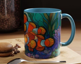 Vibrant Ocean Themed Coffee Mug for Tropical Clown Fish Lovers Stained Glass Style Ceramic Mug Fish Art Gift Unique Home Tropical Decor Gift