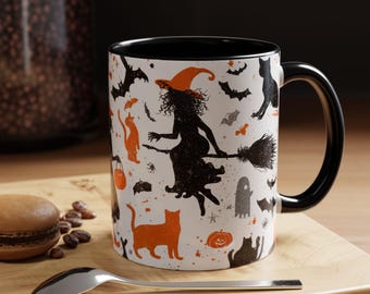 Spooky Witch Coffee Mug  Halloween Decor Witchy Gift Fall Homeware Black Cat Mug Trick or Treat Cup Scary Mug, Boo!