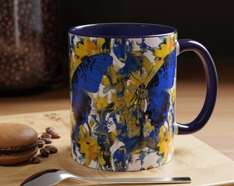Taza de café con vibrantes detalles de mariposas, taza floral colorida, regalo único para amantes de la naturaleza, artículos de bebida artísticos, taza para amantes de las mariposas