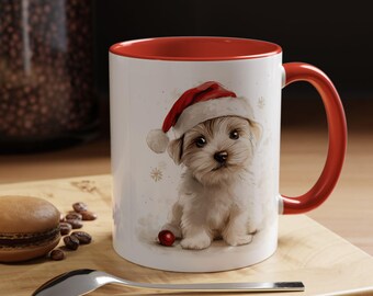 Taza de café festiva para mascotas, taza navideña, linda taza para perro, regalo navideño para amantes de los animales, diseño de pug y cachorro.