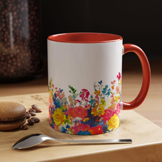 Kaffeetasse mit Blumenakzent, bunte Blumendrucke für Zuhause Geschenk für Sie, Teeliebhaber, Muttertag, Frühlingsdeko, Geburtstagsgeschenk