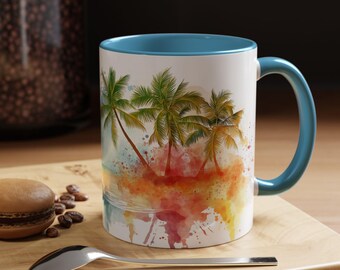 Taza de café con escena de playa tropical, ambiente relajante de verano, regalo para amantes de la playa, taza de café para relajarse, perfecta para el hogar o la oficina
