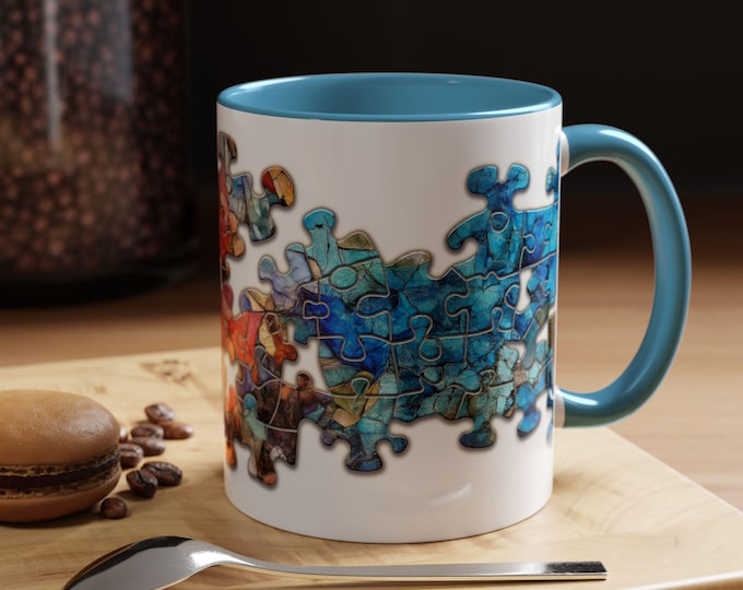 Colorful Puzzle Accent Coffee Mug Perfect for Puzzles Lovers Unique Gift Home Decor Coffee Lovers Artistic Drinkware