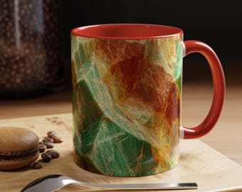 Gemstone Accent Coffee Mug Unique Crystal Design Mug Nature Lover Gift Coffee Cup for Home and Office Teal Green & Red
