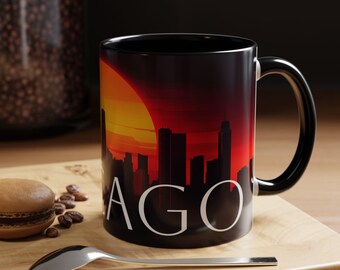 Kubek do kawy Sunset Skyline Żywy miejski design Idealny prezent dla miłośników kawy Kubek kolekcjonerski Chicago Cityscape Home Decor