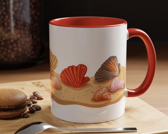 Tasse à café décorative sur le thème de la plage, décoration côtière, cadeau nautique, conception de coquillages, ambiance estivale, tasse pour les amoureux de la plage