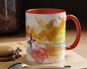 Surfer's Sunrise Coffee Mug Vibrant Surfing Mug Perfect Gift for Beach Lovers Unique Coastal Decor Coffee Lover's Collectible