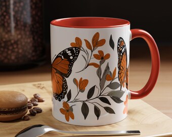 Koffiemok met vlinderaccent Betoverend monarchontwerp Perfect voor natuurliefhebbers Cadeau voor haar Bloemenmok Theekopje