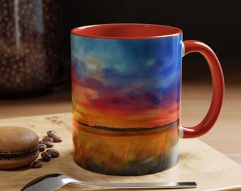 Taza de café con paisaje de atardecer, ideal como regalo para amantes de la naturaleza, ideal para el hogar, la oficina o cualquier ocasión especial.