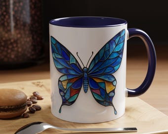 Impresionante taza de café con acento de mariposa, regalo para amantes de la naturaleza, decoración única para el hogar, taza de arte de mariposa azul, perfecta para cumpleaños, acogedora