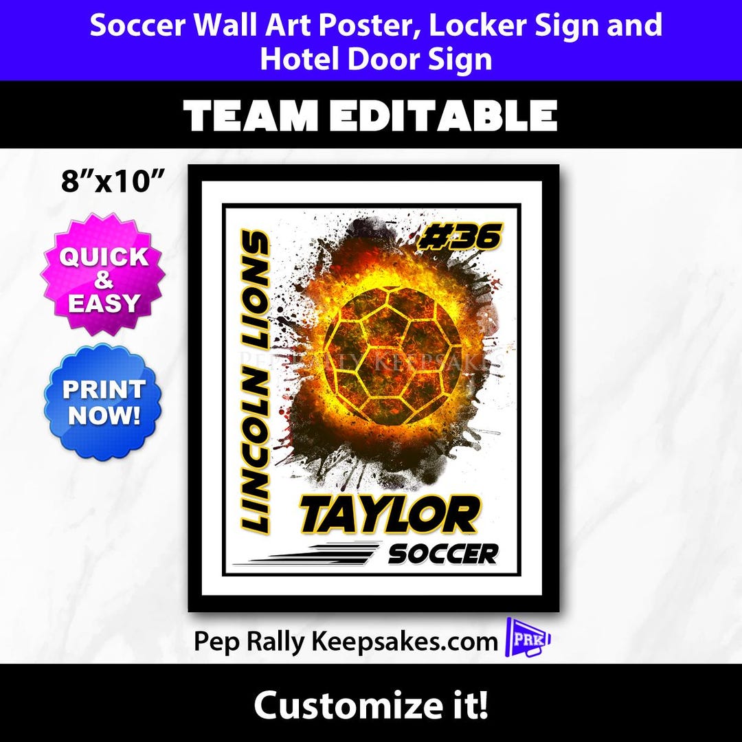 Soccer Locker Sign, Hotel Door Sign and Wall Art Poster With Fire to Personalize for Soccer Team ...