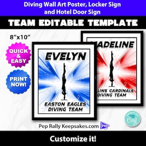 Diving Locker Sign, Door Sign and Wall Art Poster with Action Rays to Personalize for Girls Diving Team, Editable Printable Template DV08