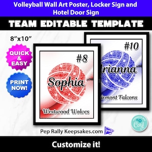 Volleyball Locker Sign, Door Sign & Wall Art Poster with Glitter to Personalize for Volleyball Team Gifts, Editable Printable Template VB157
