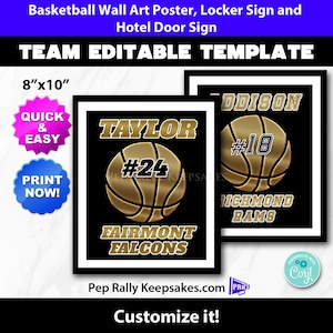 Basketball Locker Sign, Hotel Door Sign and Wall Art Poster in Gold to Personalize for Basketball Team Gifts, Editable Printable BK368