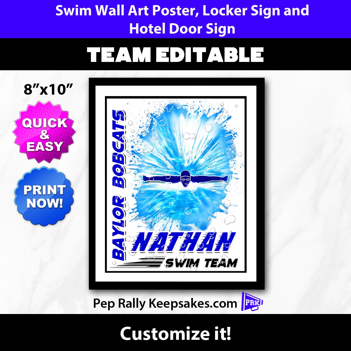 Swim Locker Sign, Hotel Door Sign and Wall Art Poster with Water Beads to Personalize for Boys Swim Team Gifts, Editable Printable SW90
