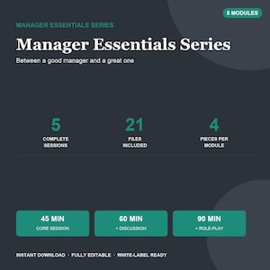 Könnte beinhalten: Eine dunkelgraue digitale Grafik mit dem Titel Manager Essentials Series. Sie listet 5 Module, 5 komplette Sitzungen, 21 enthaltene Dateien und 4 Teile pro Modul auf. Zudem werden Sitzungsdauern von 45, 60 und 90 Minuten sowie der Text Instant Download, Fully Editable, White-Label Ready angezeigt.