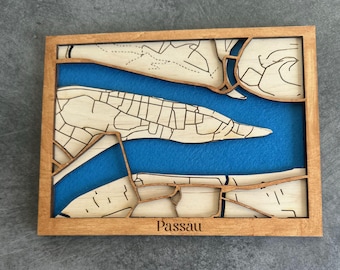 Passau city map made of wood and felt, 3 layers, 20cm x 15cm, also available with personalization! Gifts for moving to Passau, Bavaria