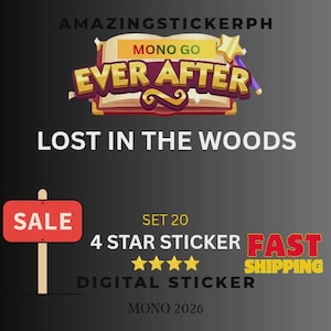 May include: A digital sticker design with the text "EVER AFTER" over an open book illustration. The image includes the text "LOST IN THE WOODS", "SALE", "4 STAR STICKER", and "DIGITAL STICKER". The background is dark gray.