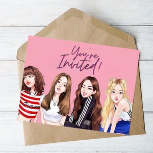 Invitación a fiesta de cumpleaños de BLACKPINK: editable, horizontal (7 x 5 pulgadas), doble cara, descargable, plantilla imprimible en Canva