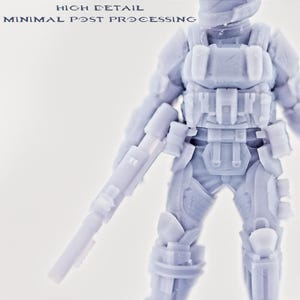 May include: A light gray action figure of a soldier in tactical gear, holding a rifle. The figure has detailed armor and pouches. Text at the top reads "HIGH DETAIL" and "MINIMAL POST PROCESSING".