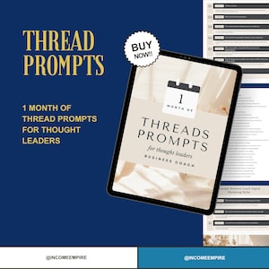 Pode incluir: Uma maquete de produto digital na tela de um tablet. A tela exibe um calendário com o número "1" e o texto "Mês de Threads Prompts para líderes de pensamento Business Coach". O texto "@INCOMEEMPIRE" é visível na parte inferior da tela.