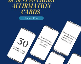 May include: A set of 30 affirmation cards designed to help business leaders navigate and overcome challenges. The cards feature positive affirmations such as "I am a calm and composed leader in the face of adversity." and "I trust my ability to navigate and overcome any business crisis."
