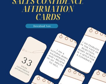 May include: A set of 33 sales confidence affirmation cards with a blue background. The cards are beige with brown lines and text. The text on the cards includes affirmations such as "I am a natural-born salesperson, and I believe in my ability to sell." and "I am fearless in the face of rejection; every setback is a setup for a comeback."