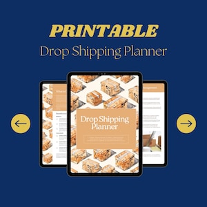 Puede incluir: Un planificador de dropshipping imprimible con una imagen de portada de cajas de cartón marrones sobre un fondo blanco. El título "Drop Shipping Planner" está en una fuente marrón sobre un fondo naranja claro.