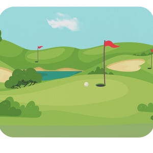 May include: A cartoon illustration of a golf course with green fairways, hills, and a blue sky. A white golf ball sits near a hole with a red flag. A small pond and sand trap are also visible.