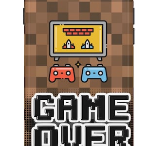 May include: A phone case with a pixelated brown background. The design features a yellow screen with red and blue game controllers, and the words "GAME OVER" in a pixelated font.