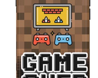 May include: A phone case with a pixelated brown background. The design features a yellow screen with red and blue game controllers, and the words "GAME OVER" in a pixelated font.