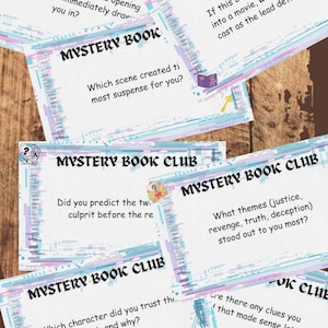 May include: Cards with the text "Mystery Book Club" and discussion prompts. The cards have a white background with a colorful border and small illustrations of a key, book, and dice.