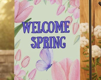 Yard Banner, Pink Tulips, Welcome Spring Garden Flag, House Outdoor Decor, Seasonal Floral Sign, Springtime Home Decoration