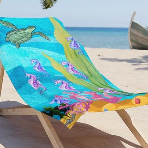 Sea Life Beach Towel, Ocean Animals Seashore Towel, Coastal Bathroom Decor, Marine Life Bath Towel, Summer Beach House Towel