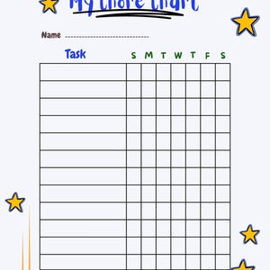 Puede incluir: Un cuadro de tareas imprimibles con un título azul y negro "My Chore Chart" y un espacio para un nombre. El cuadro tiene una columna para cada día de la semana y filas para las tareas. El cuadro está decorado con estrellas amarillas.