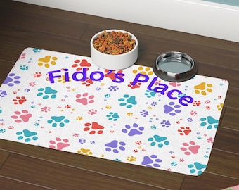 Personalized Pet Food Mat: Paw Print Feeding Station, Non-Slip Polyester