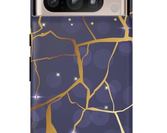 Funda resistente para Google Pixel con vetas de mármol dorado / Funda azul marino y morada, inspirada en el kintsugi
