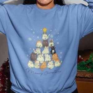 Christmas Cat Sweatshirt, Meowy Xmas message, Holiday Kitty Pullover, Cat Lover Gift, Feline Tree Crewneck, Funny Animal Sweater