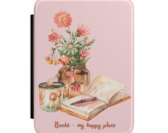Books My Happy Place Kindle Case | Floral Vase, Open Book, Cozy Mug