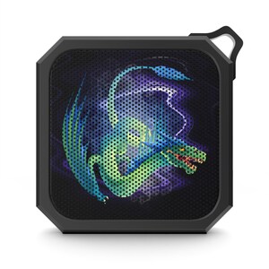 May include: Black, square portable speaker with a dragon graphic. The dragon is green and blue with a red mouth, set against a purple and blue background. The speaker has a black frame and a white loop for hanging.