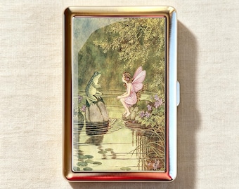 Vintage Woodland Pink Fairy & Pond Frog Antique Storybook Cigarette Case-Zigarettenetui Wallet Metal Joint Holder