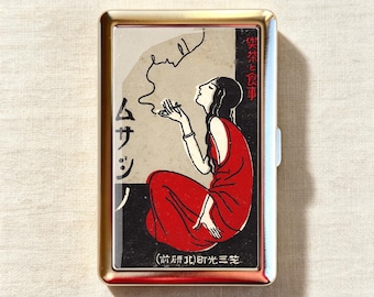 Vintage Taisho Era Smoking Lady Kanji Cigarette Case-Zigarettenetui Wallet Metal Joint Holder