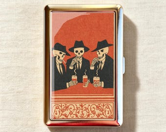 Retro Three Fedora Skeleton Gangsters Bar Drinking Cigarette Case-Zigarettenetui Wallet Metal Joint Holder
