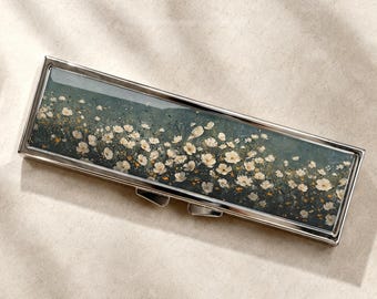 Dark Teal White Wildflower Field Pill Box-Medicine Container, Weekly 7 day Organizer, Vitamins Holder, Trinket Box